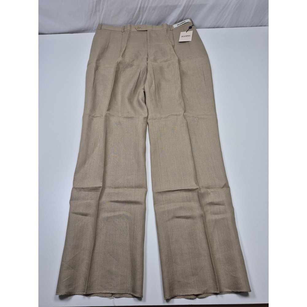 Haspel Astor Dress Pants Mens 42x36 Beige Linen Pleated Straight Unhemmed NWT
